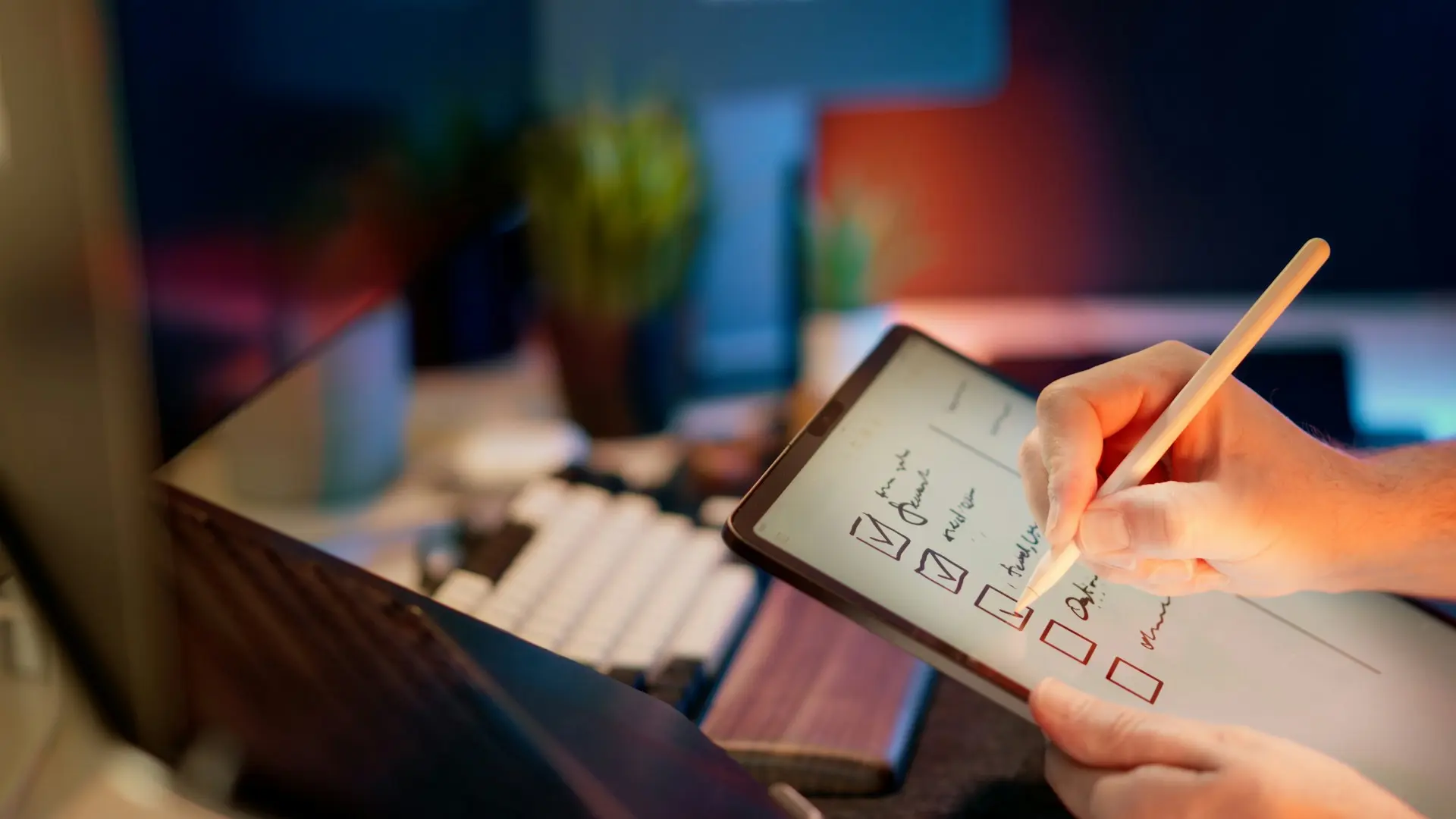 A hand ticking off items on a checklist on a tablet, at a desk lit by warm evening light